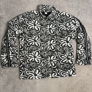 Maui Built Mens Aloha Floral Print Zip Fleece Jacket Black White Sz M Hawaiian